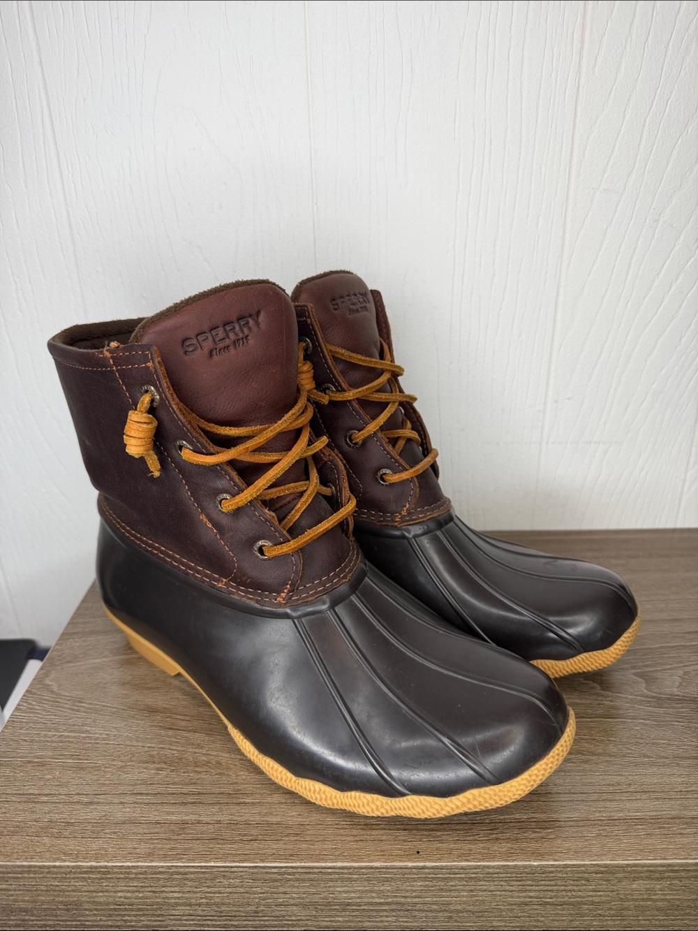 Sperry Brown Leather and Black Rubber Duck Boots with Tan Laces